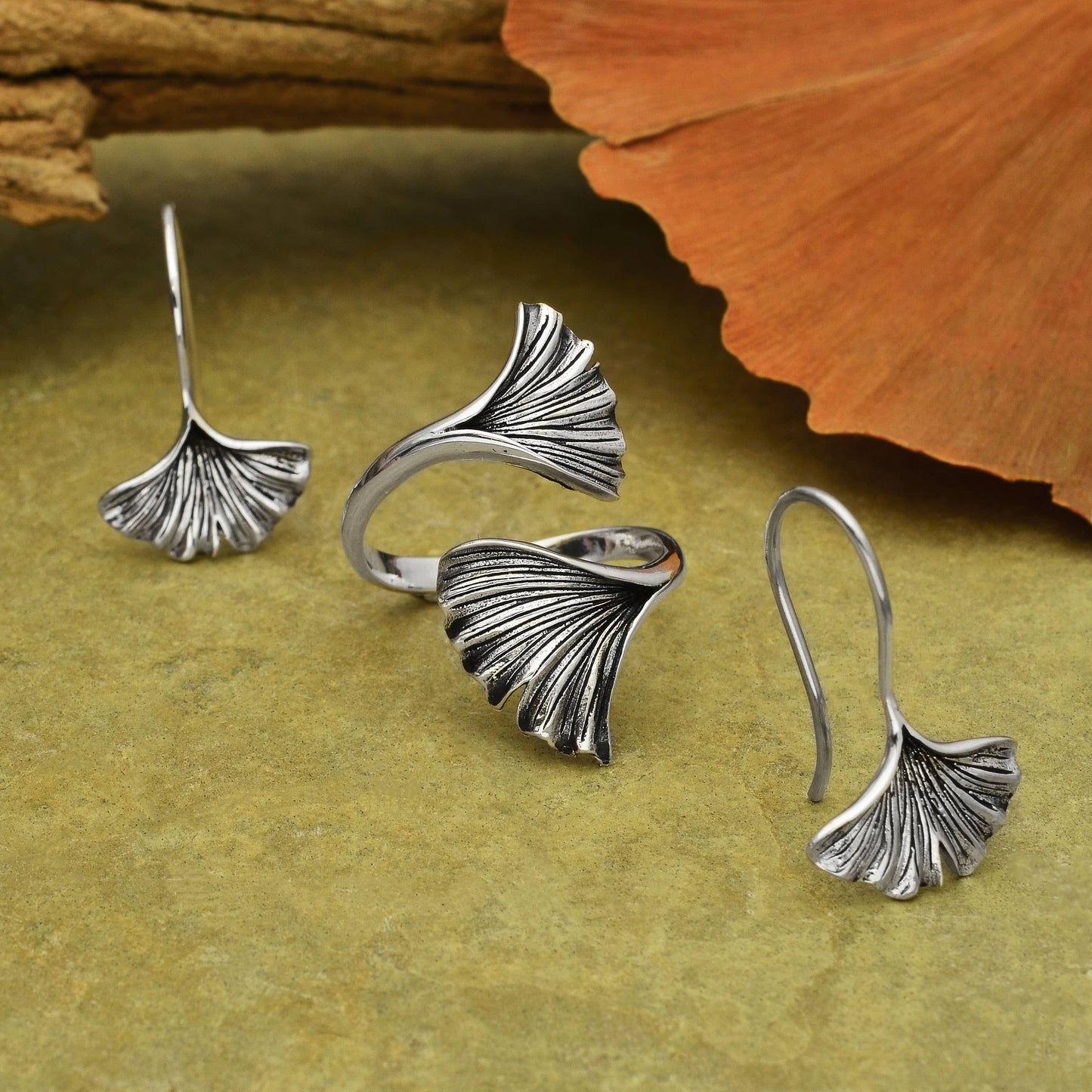 Sterling Silver or Bronze Ginkgo Leaf Earrings 22x14mm: Bronze