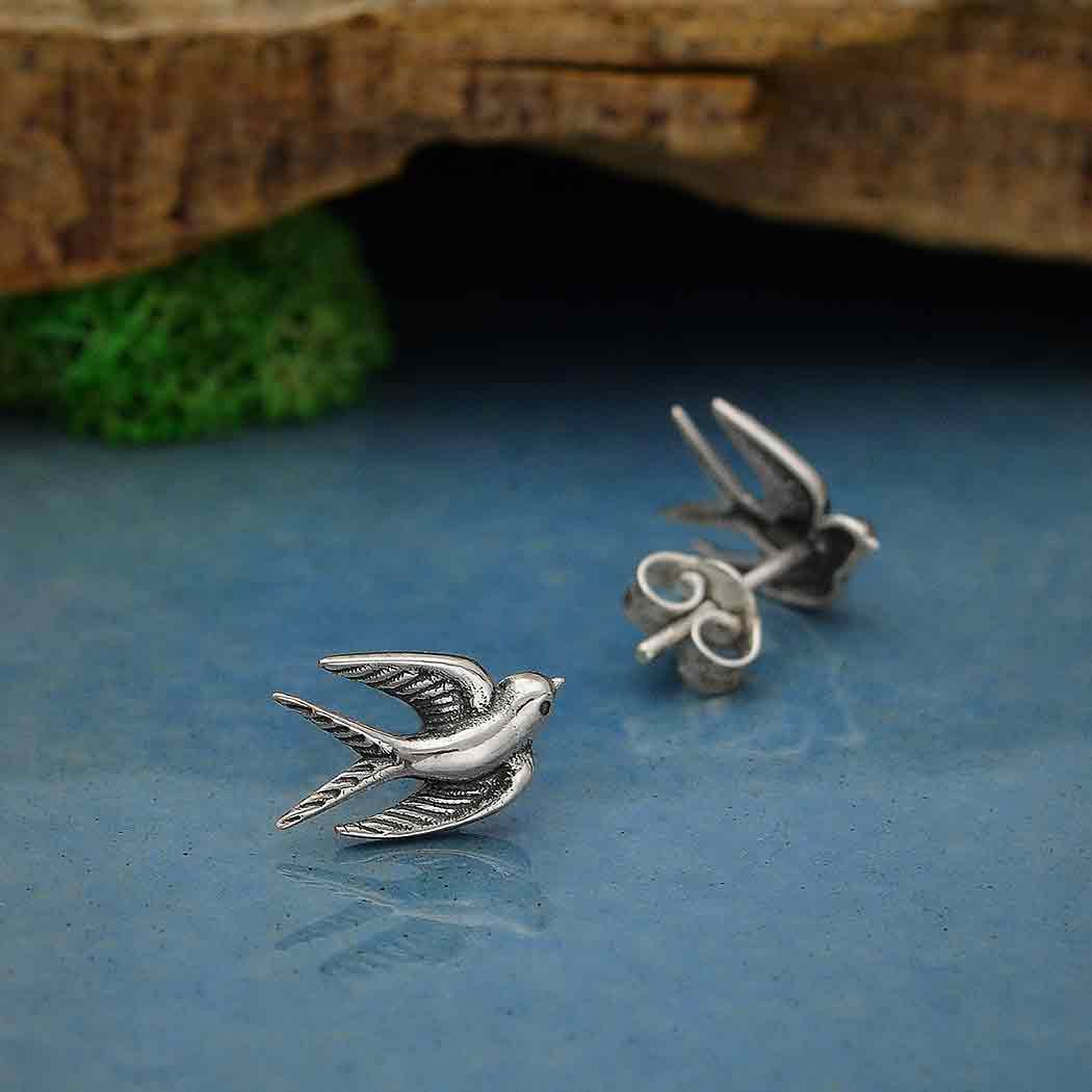 Sterling Silver or Bronze Swallow Post Earrings 9x11mm: Sterling Silver