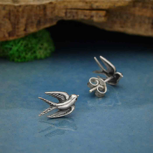 Sterling Silver or Bronze Swallow Post Earrings 9x11mm: Sterling Silver