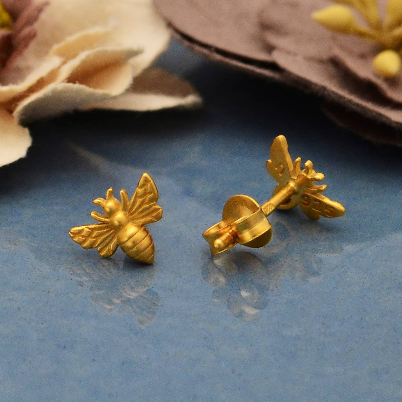 Silver, Bronze or Gold Plate Tiny Bee Post Earrings 6x8mm: Recycled Sterling Silver