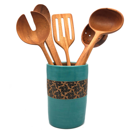 Ceramic Utensil Holder: Turquoise with Black Geometric