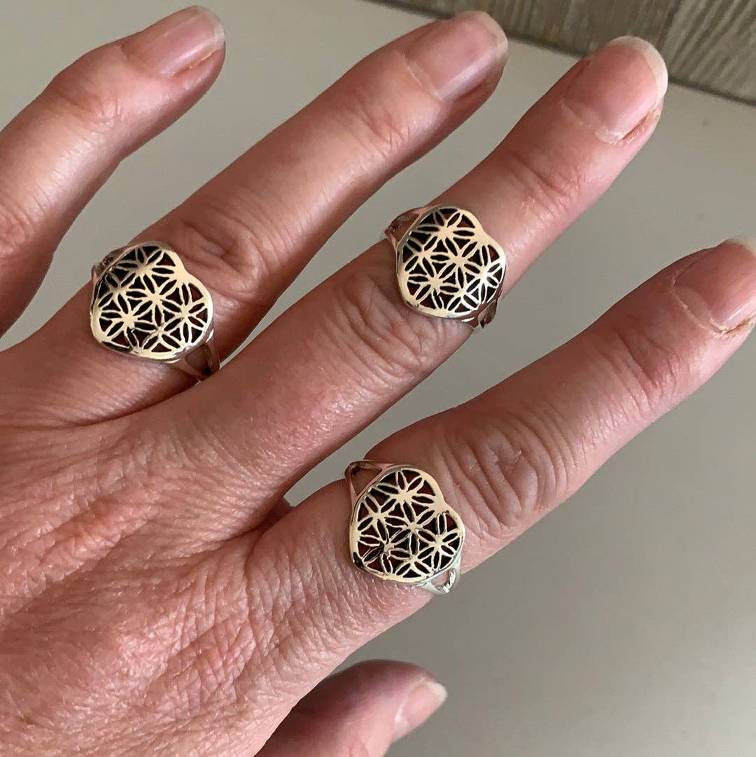 Sterling Silver Flower of Life Rings: Round Larger