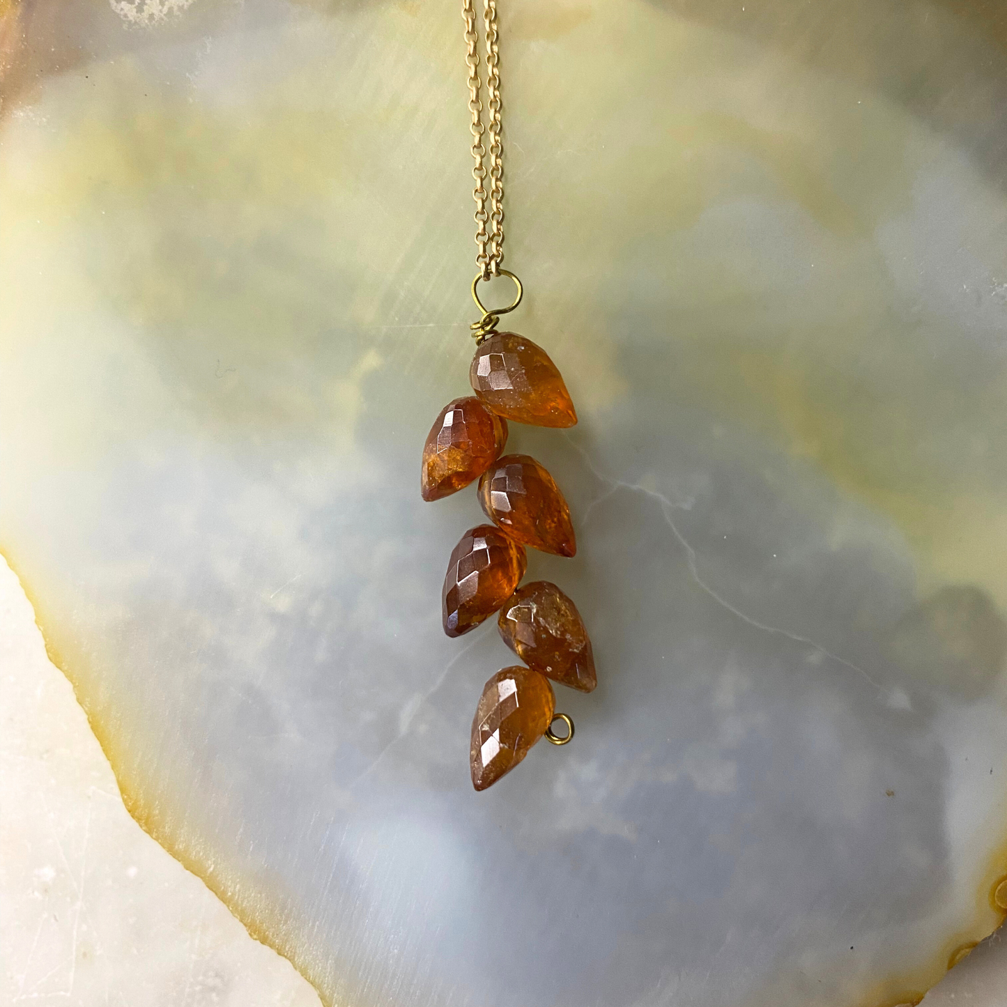 Leaf Tear Drop Stone Matte Gold Chain Necklace: Hessonite Garnet