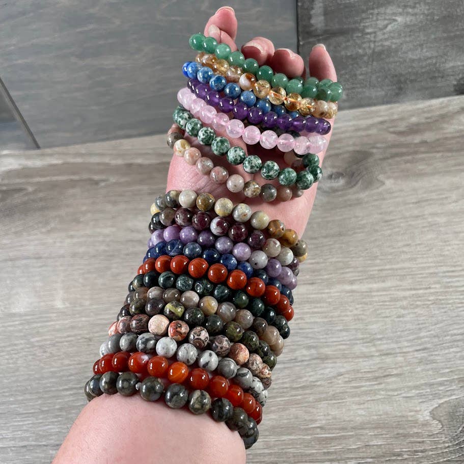 8mm Round Gemstone Beaded Bracelets – Assorted Crystals Bulk: Strawberry Quartz