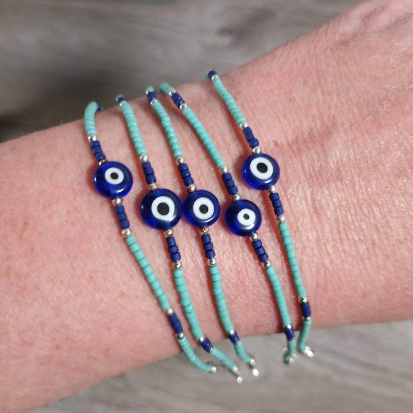 Wooden Bracelet Beaded with Evil Eye