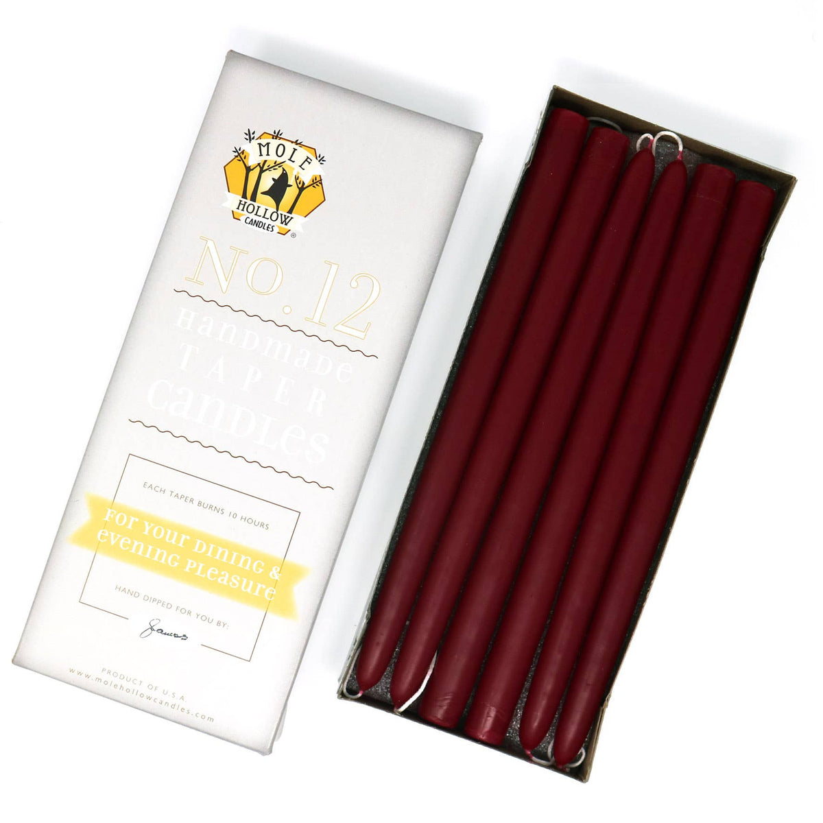 12" Hand Dipped Unscented Taper Candles - 39 Colors USA Made: Paprika