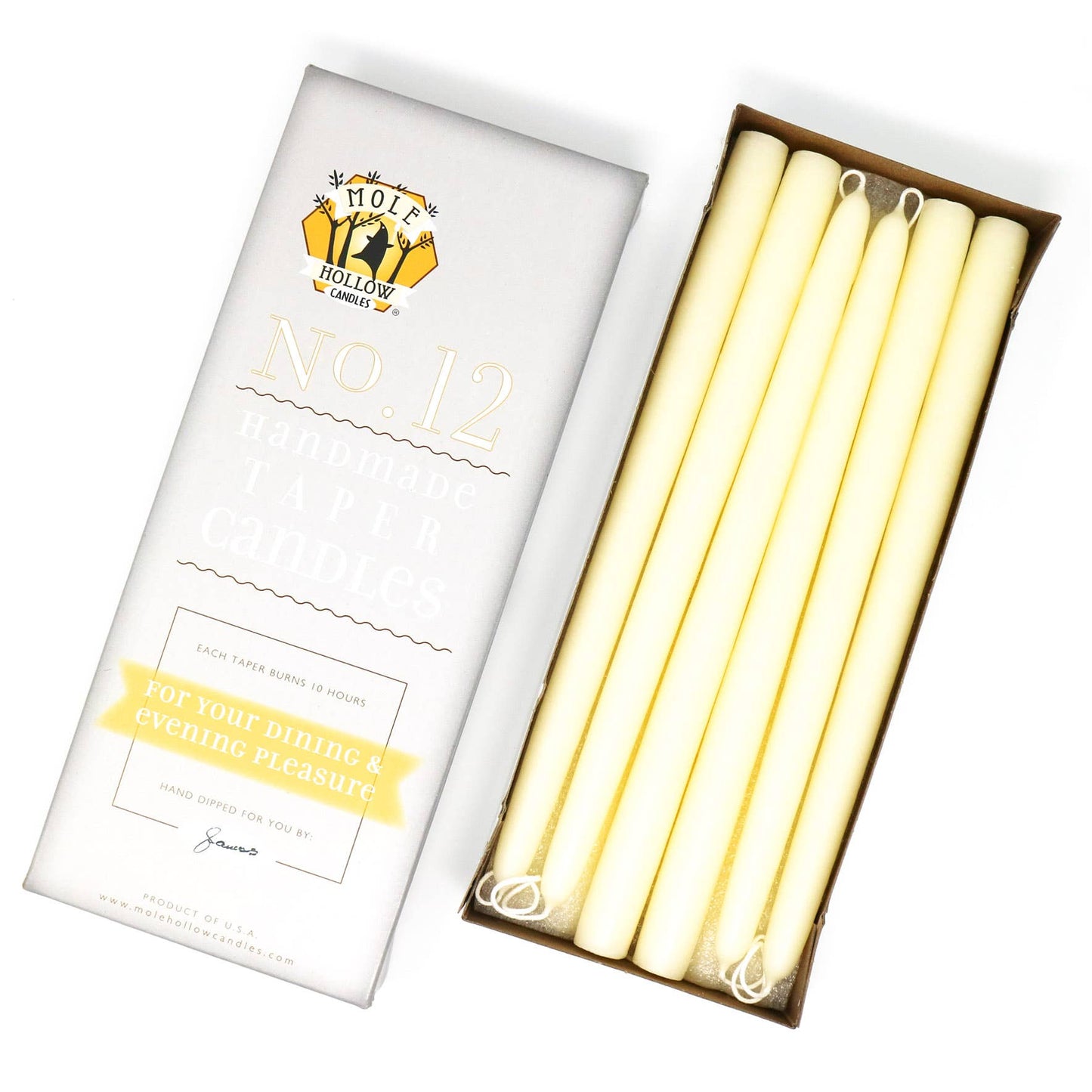 12" Hand Dipped Unscented Taper Candles - 39 Colors USA Made: Yellow Gold