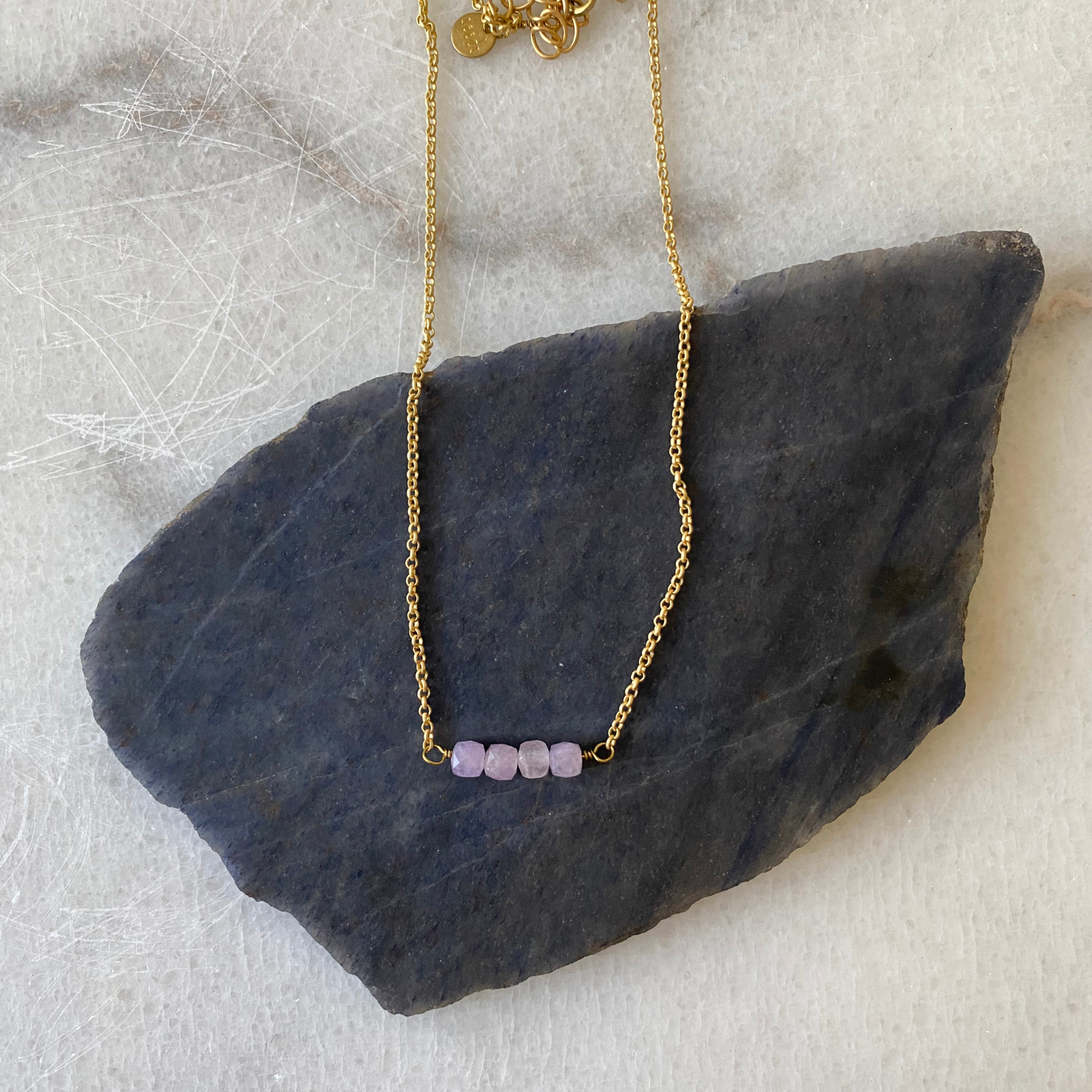 Colorful Stone Cube Matte Gold Chain Necklace: Purple Garnet