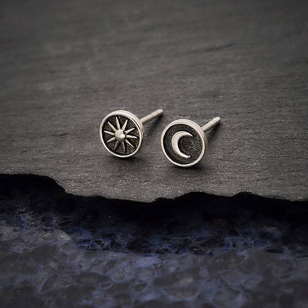 Silver or Bronze Raised Sun and Moon Post Earrings 6x6mm: Bronze