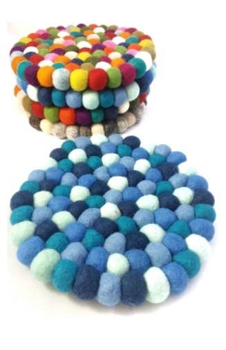 Hand Crafted Round Felt Ball Trivet, Assorted Color Options: Blue