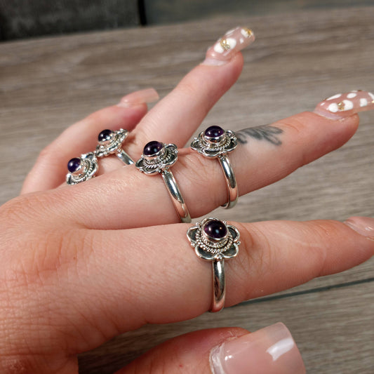 Gemstone Ring Sterling Silver Boho Flower: Amethyst / 7