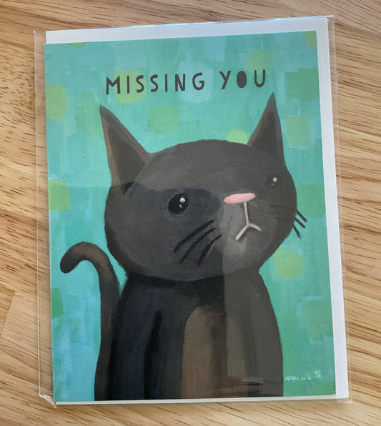 EVERYDAY - Miss You Cat Notecard featuring wistful grey cat art by Adriana Bergstrom