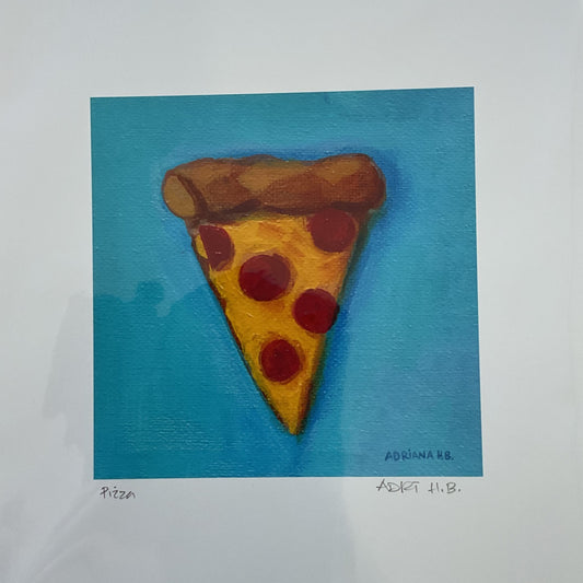 Illustration of a pizza slice on a blue background, framed in clear plastic on a wooden surface.