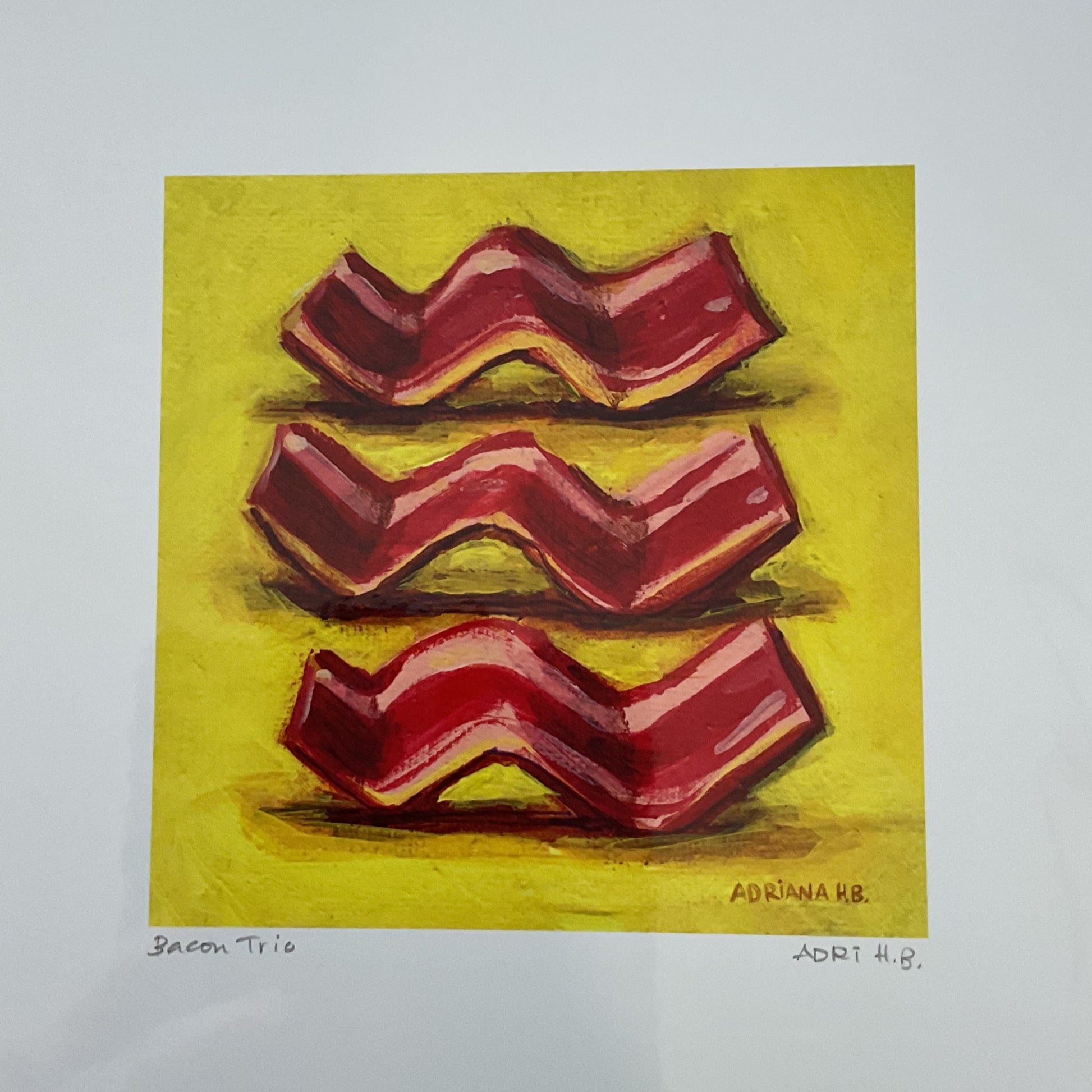 Artistic depiction of three strips of bacon on a yellow background, framed in white.