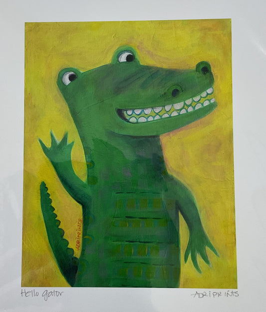 Children's illustration of a green crocodile on a yellow background, framed in white.