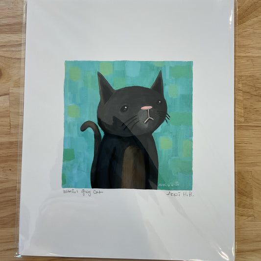 Art print of a black cat on a teal patterned background, framed in white.