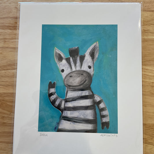 Children's drawing of a zebra with a helmet on a blue background, framed in white.