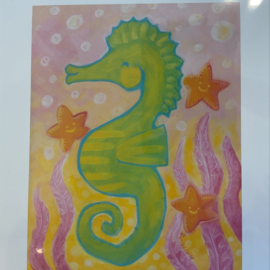 Colorful artwork of a green elephant with stars and wavy lines on a patterned background