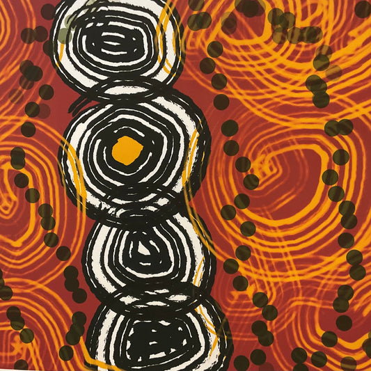 Artistic depiction of abstract patterns with black, white, and orange on a textured background