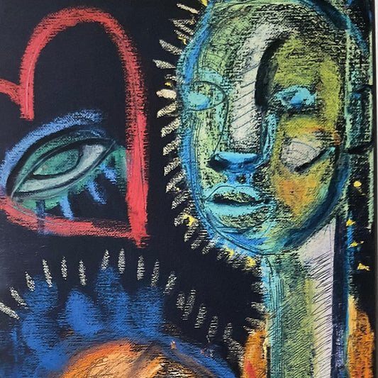 Abstract artwork with stylized faces and geometric shapes