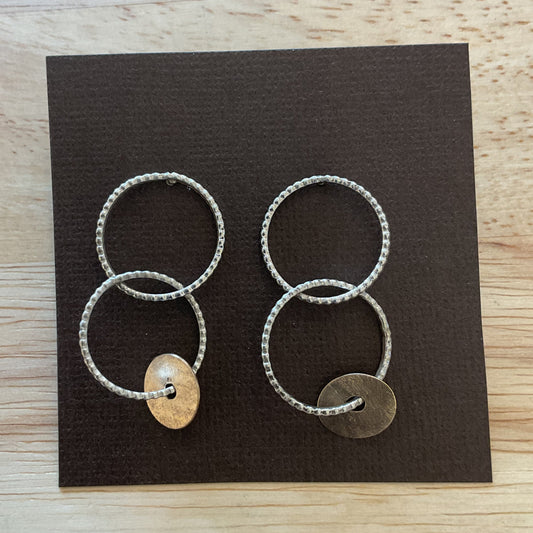 Double Beaded hoop with Disc Silver Earrings