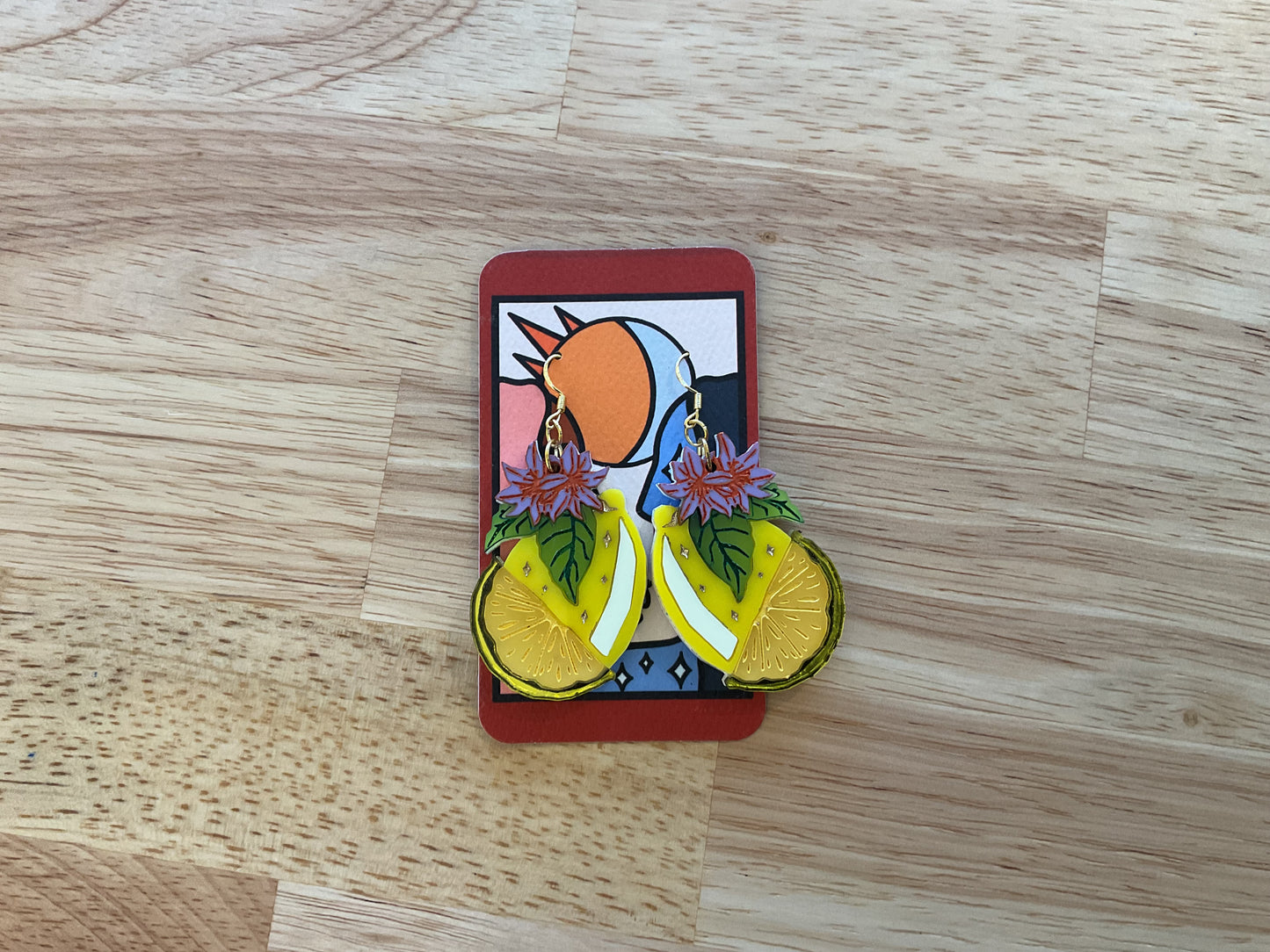 Lemon with purple flowers earrings