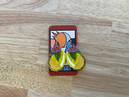 Lemon with purple flowers earrings