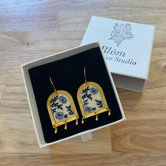 Embroidered Arch Earrings- Blue Floral