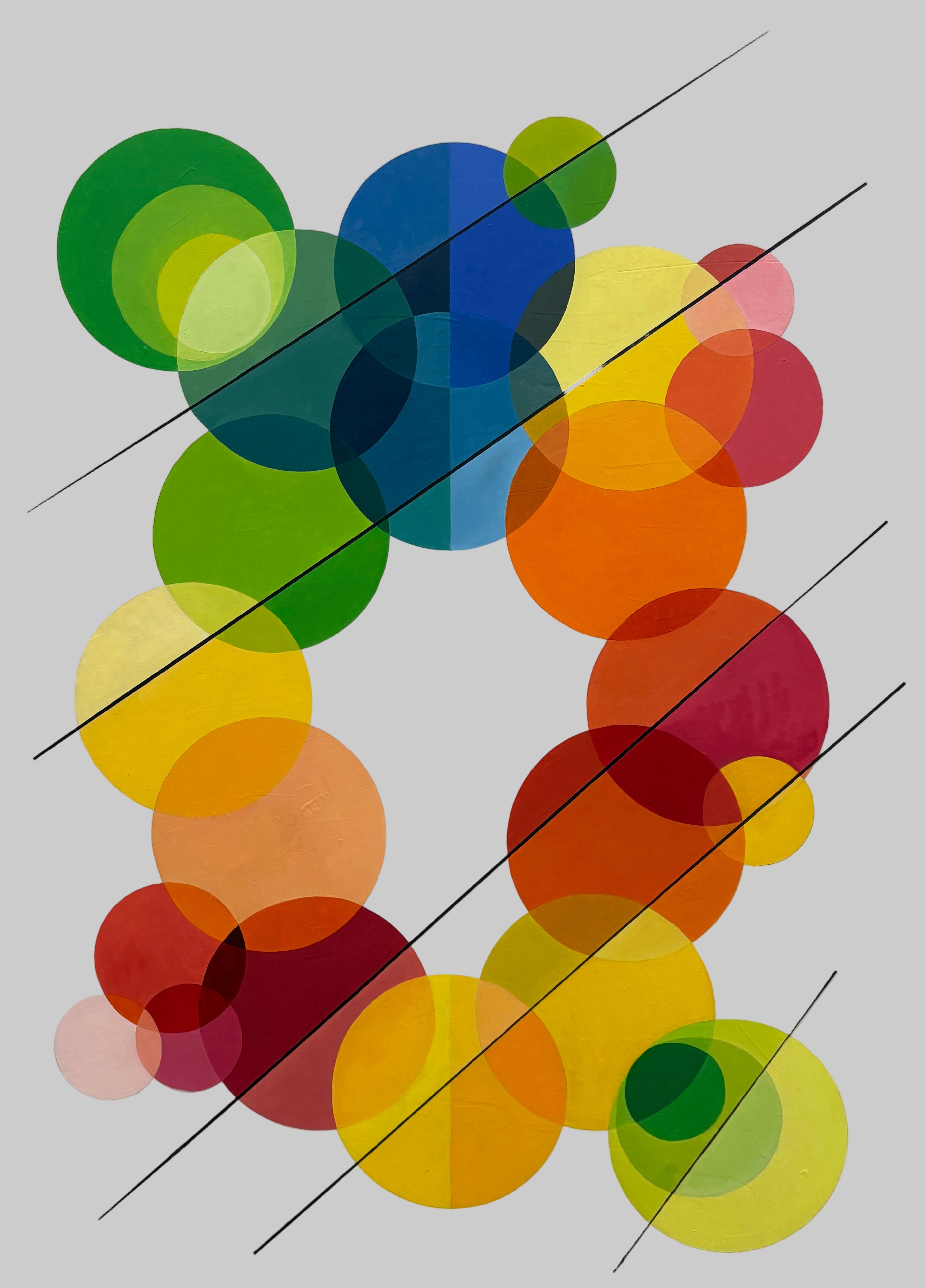 A canvas with a series of colorful circles in various sizes, with no discernible pattern or subject matter.