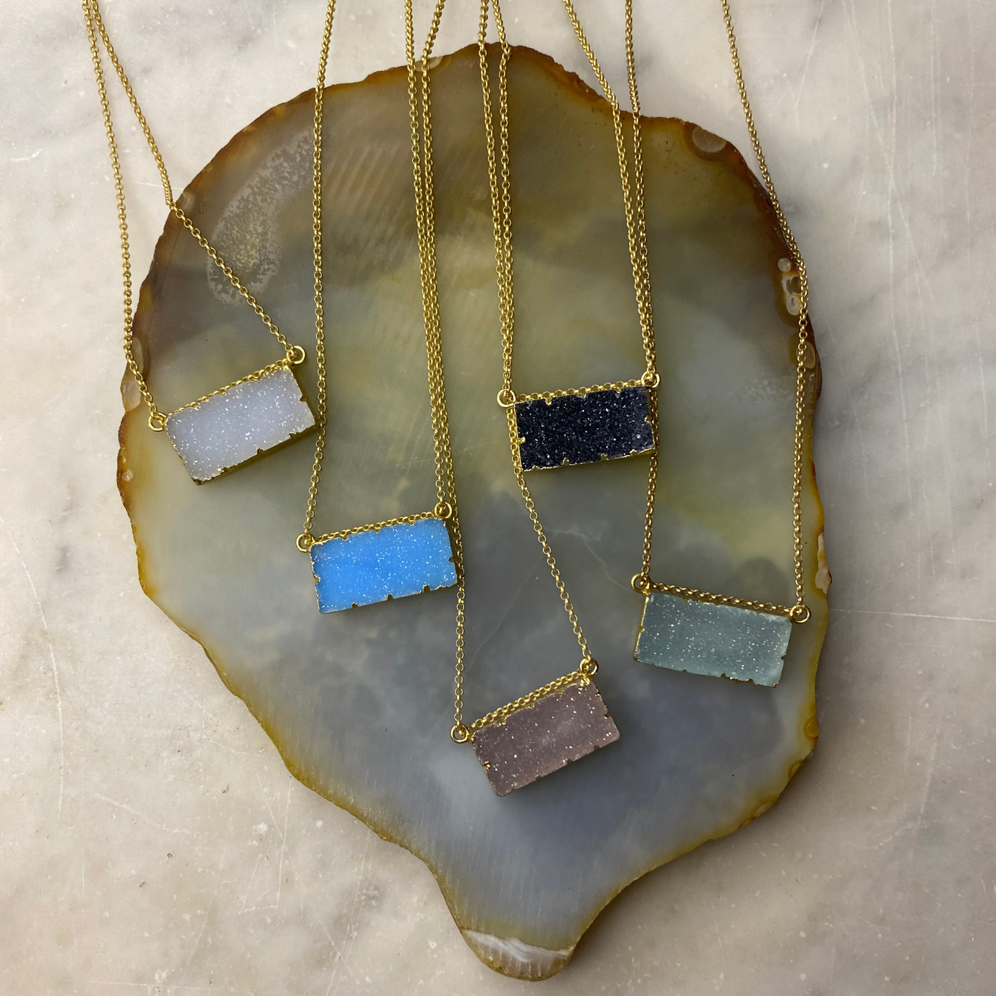 Druzy Agate Rectangle Bar Gold Vermeil Matte Gold Necklace: Blue
