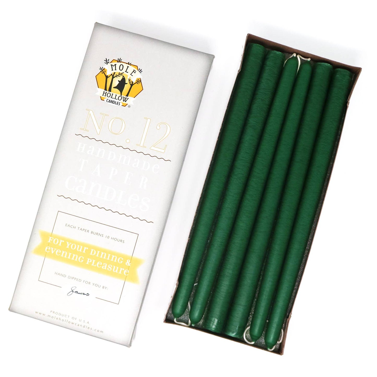12" Hand Dipped Unscented Taper Candles - 39 Colors USA Made: Emerald Green