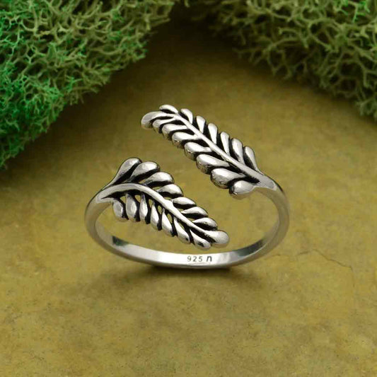 Sterling Silver or Bronze Adjustable Sprig Leaf Ring: Sterling Silver