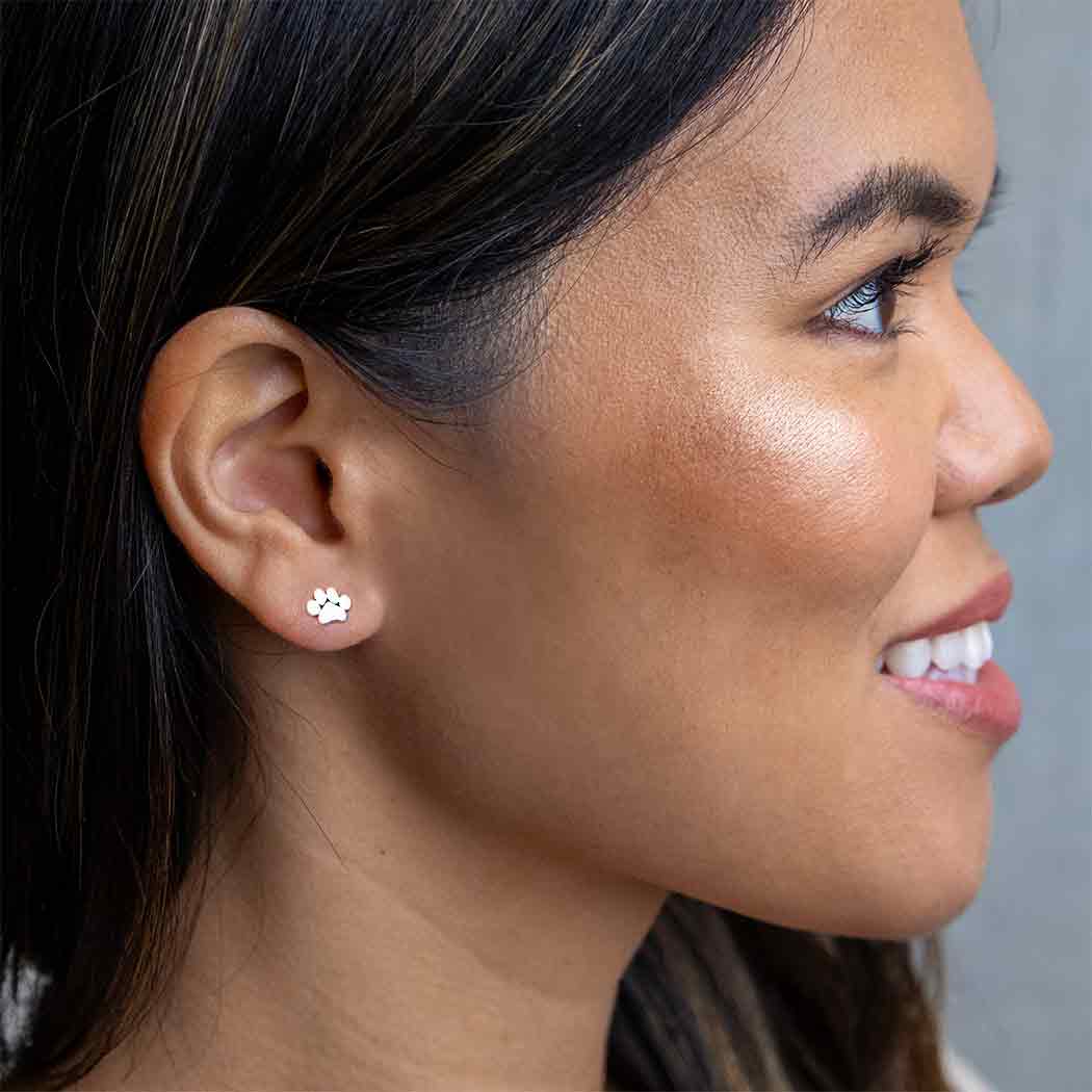 Sterling Silver or Bronze Paw Print Post Earrings 6x7mm: Recycled Sterling Silver