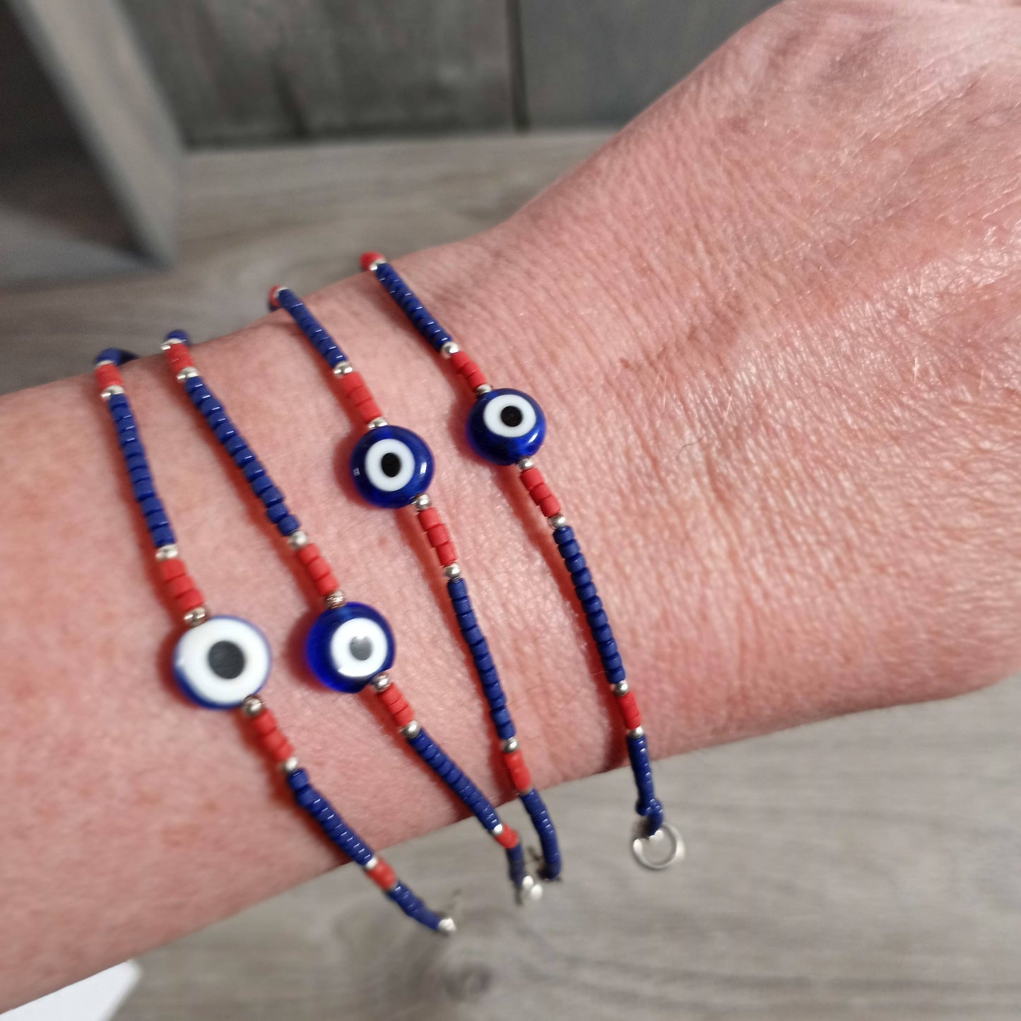 Wooden Bracelet Beaded with Evil Eye