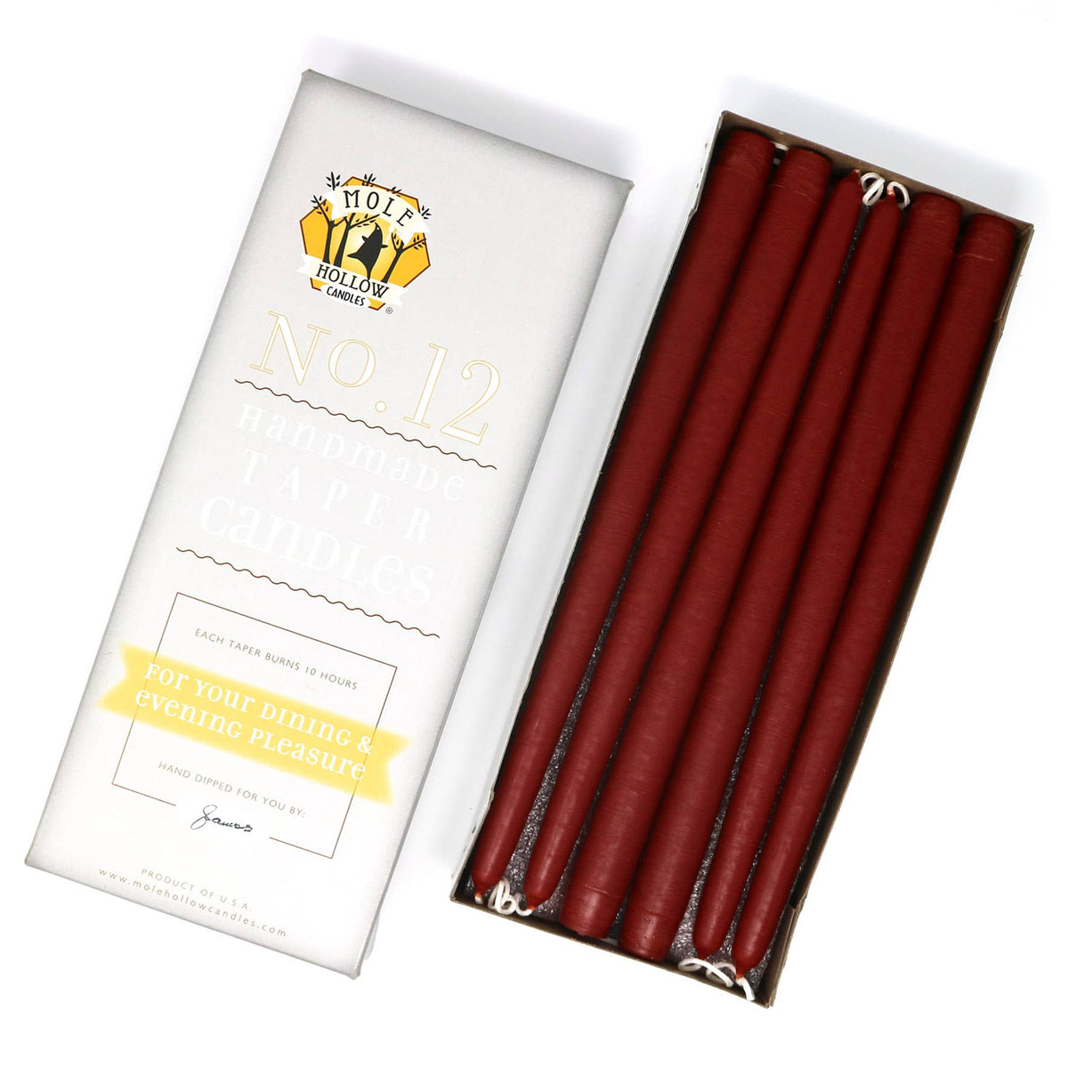 12" Hand Dipped Unscented Taper Candles - 39 Colors USA Made: Paprika