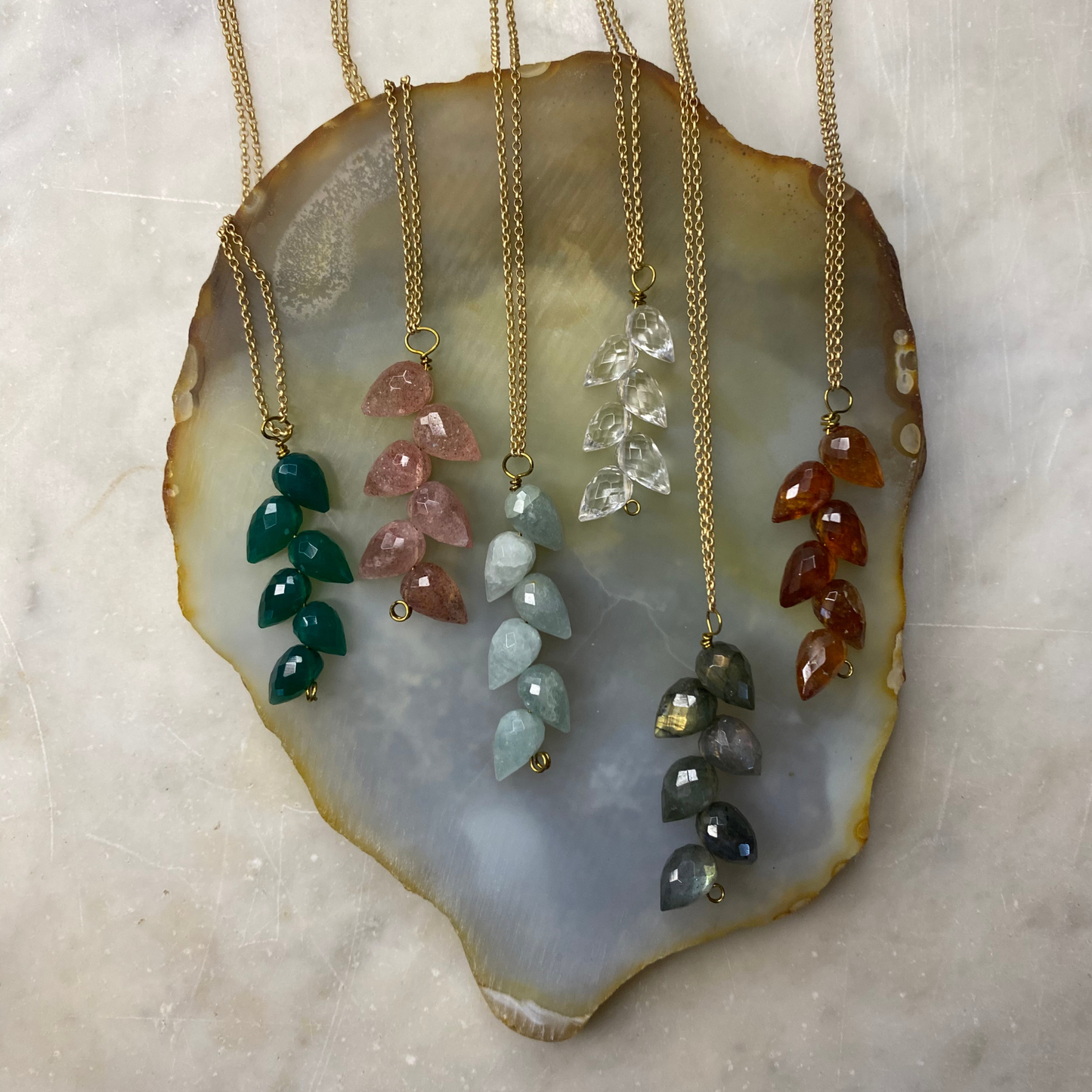 Leaf Tear Drop Stone Matte Gold Chain Necklace: Hessonite Garnet