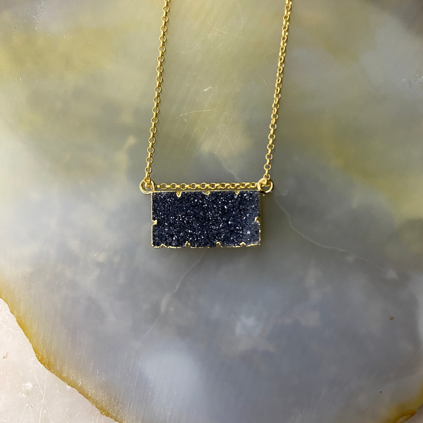 Druzy Agate Rectangle Bar Gold Vermeil Matte Gold Necklace: Blue