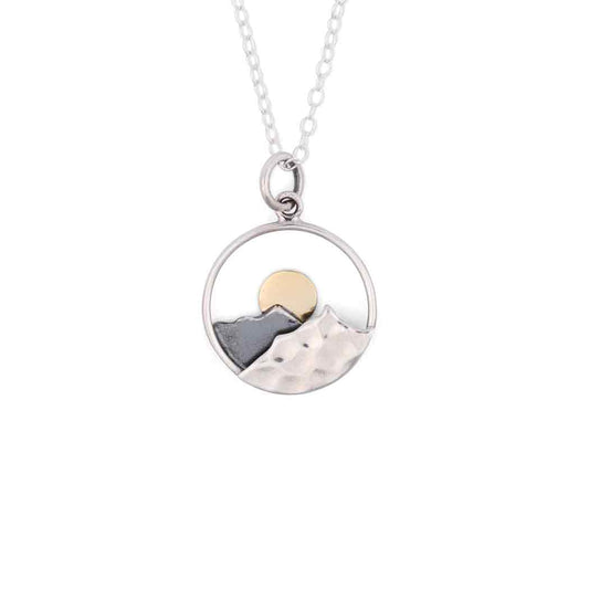 Sterling Silver Mountain Necklace with Bronze Sun