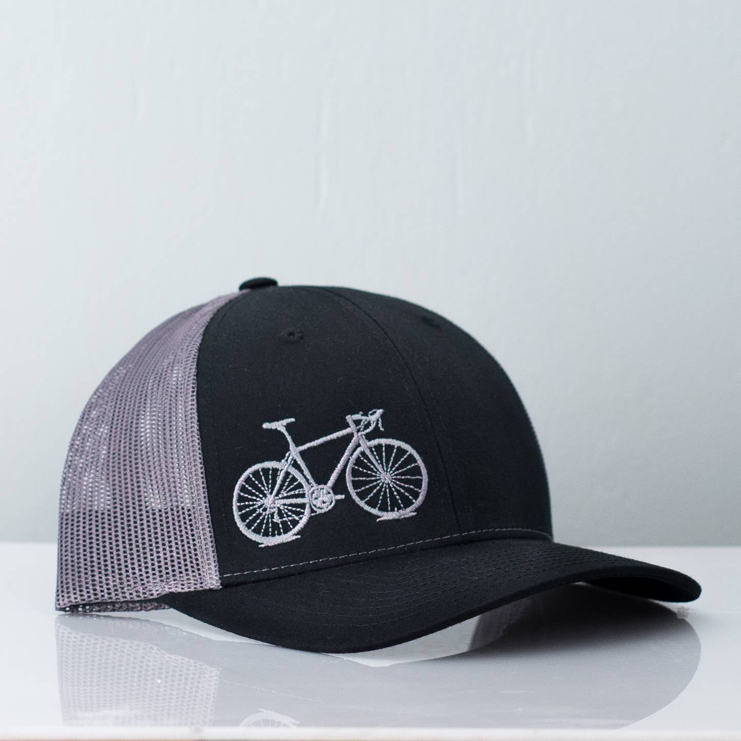 Name Drop Bicycle Trucker Cap, Road Bike: Light Gray 1812 / Black and Gray Mesh