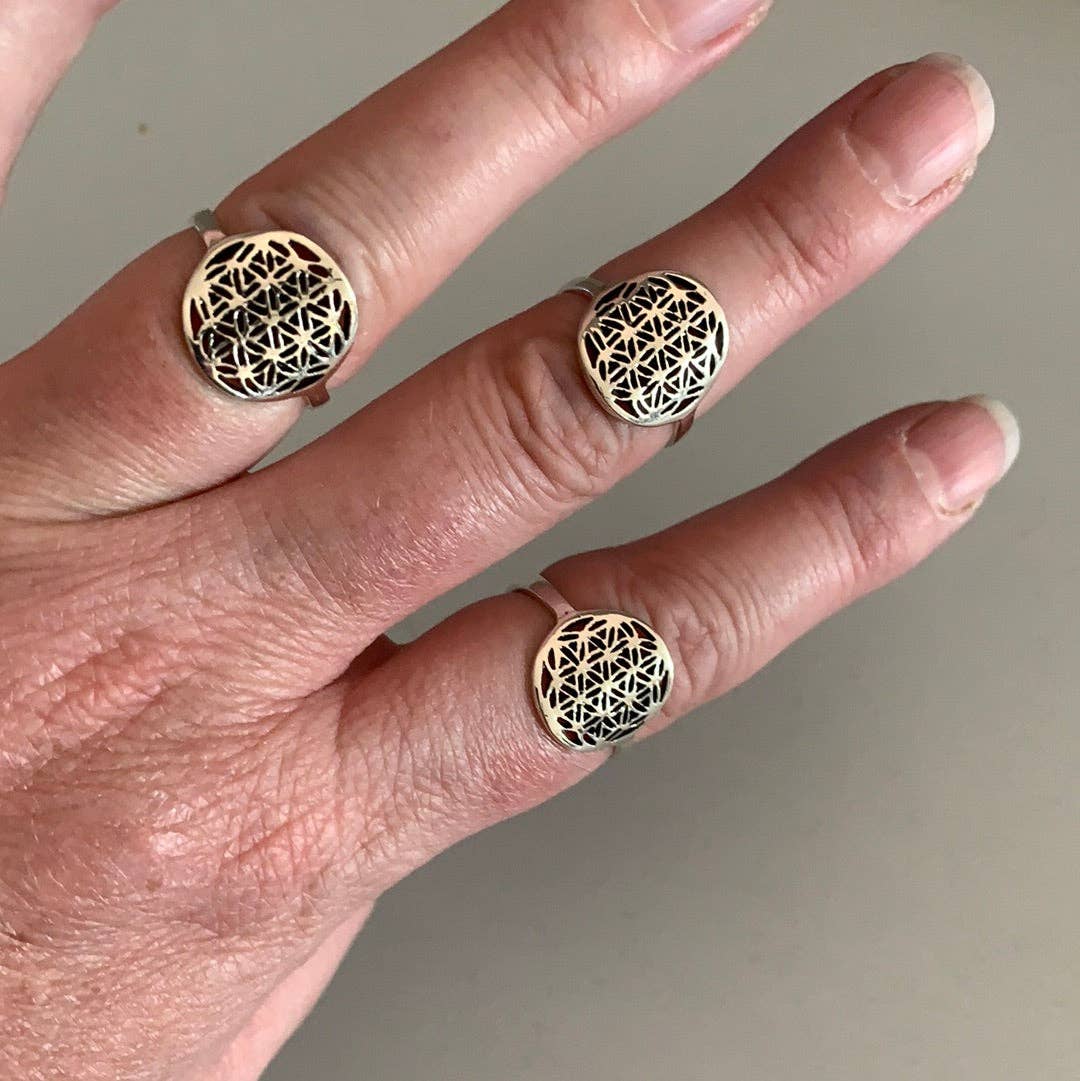 Sterling Silver Flower of Life Rings: Round Larger