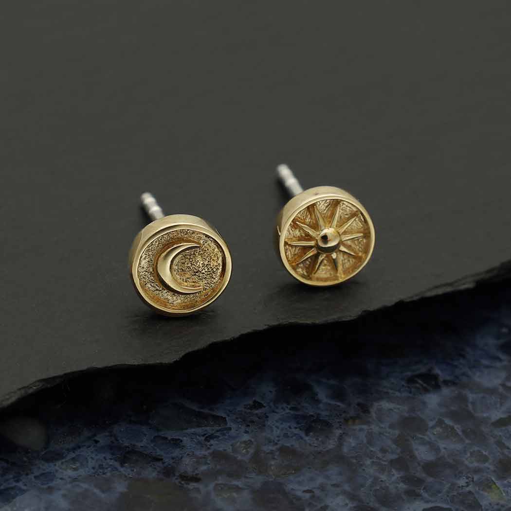 Silver or Bronze Raised Sun and Moon Post Earrings 6x6mm: Bronze