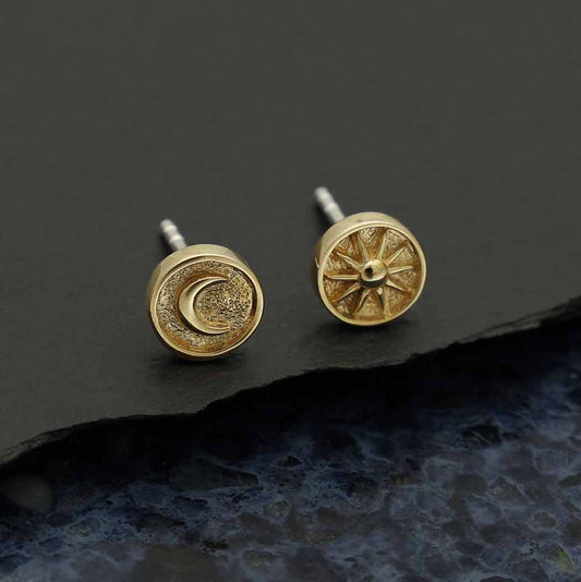 Silver or Bronze Raised Sun and Moon Post Earrings 6x6mm: Bronze