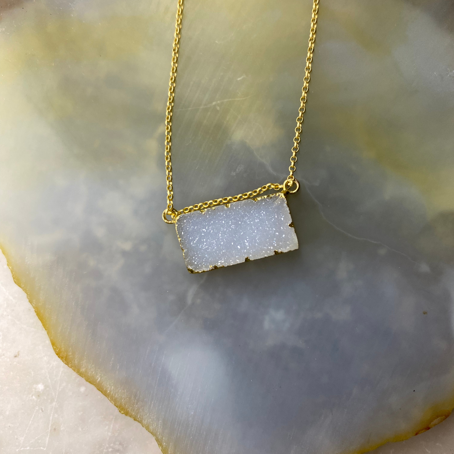 Druzy Agate Rectangle Bar Gold Vermeil Matte Gold Necklace: Blue