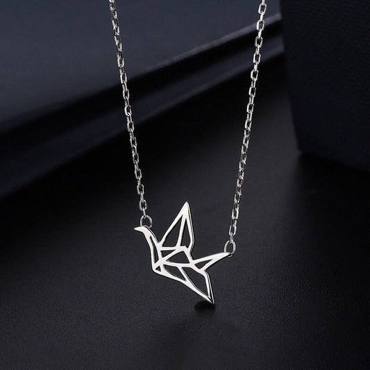 Japanese Orizuru Crane Charm Necklace in 925 Sterling Silver: Silver