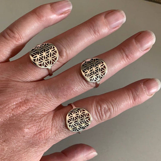 Sterling Silver Flower of Life Rings: Round Larger