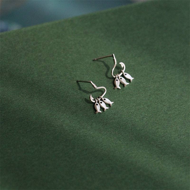 Dainty Tiny Three Fish Dangle Drop Earrings