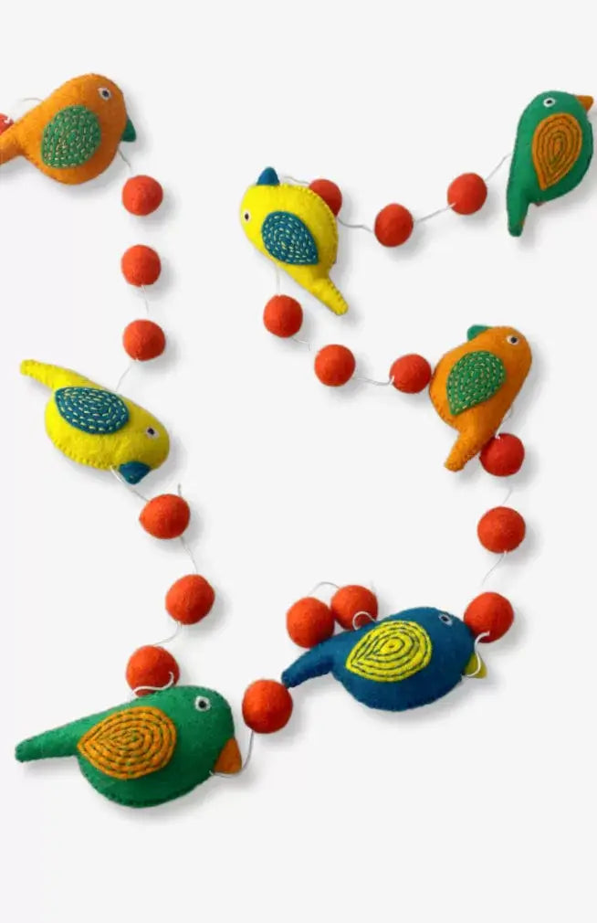 Colorful Felt Jungle Bird Garland w Orange Felt Ball Spacers