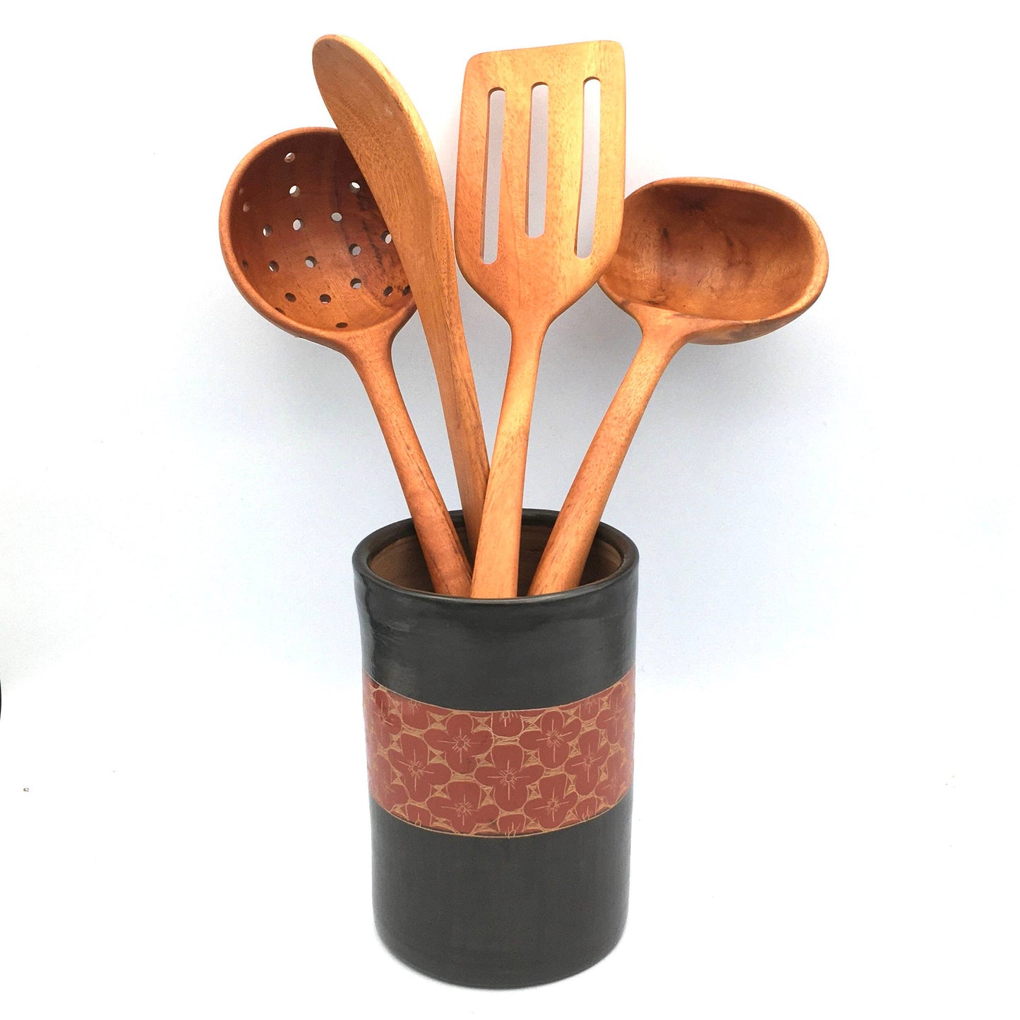 Ceramic Utensil Holder: Turquoise with Black Geometric
