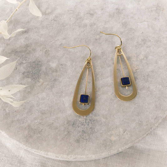 Lapis drop earring in brass teardrop
