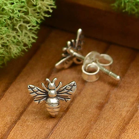 Silver, Bronze or Gold Plate Tiny Bee Post Earrings 6x8mm: Recycled Sterling Silver